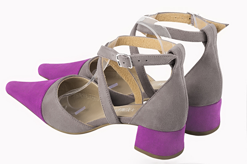Mauve purple and pebble grey women's dress pumps. Pointed toe. Low flare heels. Rear view - Florence KOOIJMAN